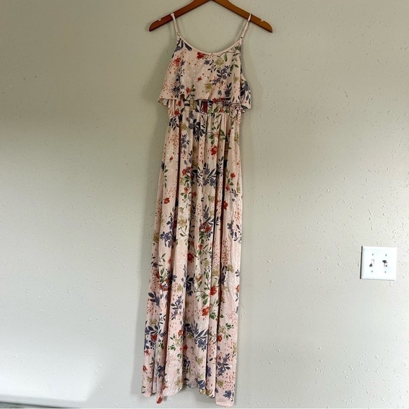 🦋 Promesa Pink Floral Maxi Dress Leg Slit Small Ruffle - Picture 5 of 7